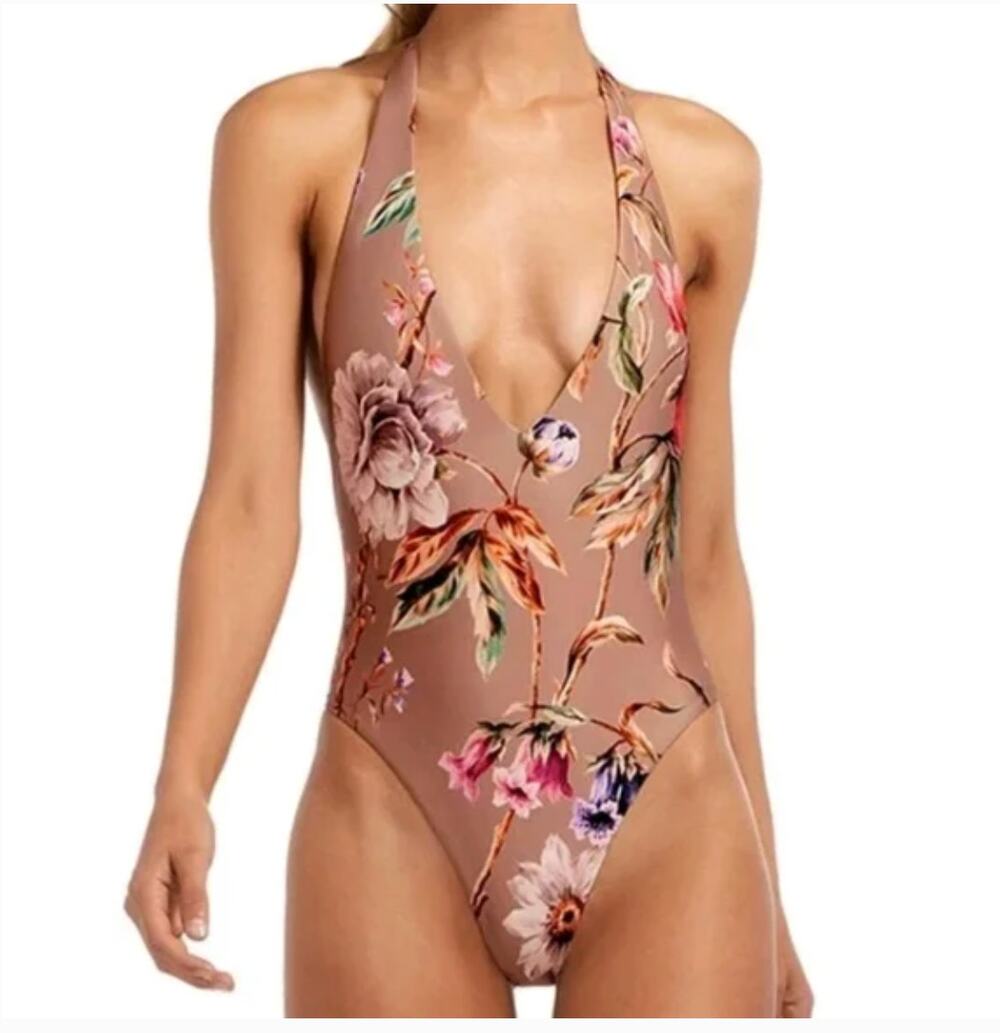 VITAMIN A Emma Floral Deep Plunge V Open Back Halter Swimsuit Ginger Floral XL